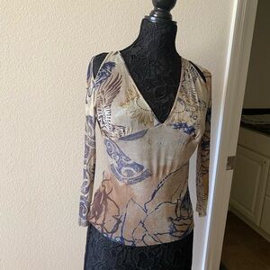 Roberto Cavalli VINTAGE sheer V Neck Top blush cream & Black Artful Designs M